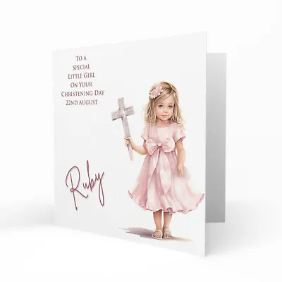 Personalised Christening Card For Girls Baptism Cute Little Girl With Cross • £3.79