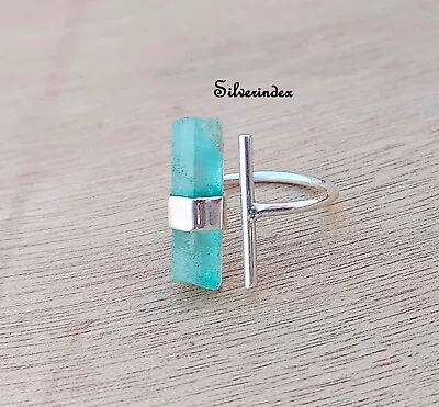 Aquamarine Bar Adjustable  Ring 925  Silver Jewelry  Gift For Love All Size Ring • $16.15