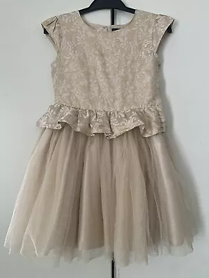 Girls Gold Peplum Party Dress Xmas Bridesmaid Jacquard Net 4-5 Wedding LAST ONE! • £18.99