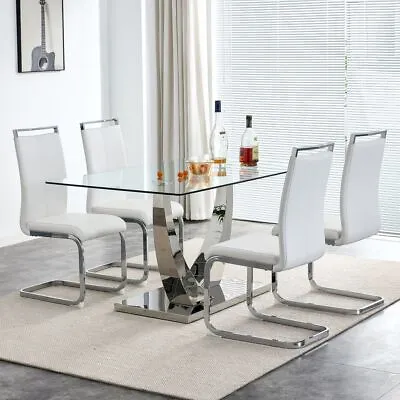 63  Dining Set Of 5 PCs 1 Tempered Glass Dining Table W Silver Base+4 Chairs • $299