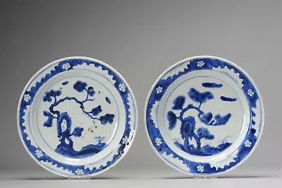 Pair Antique Kosometsuke Dishes Chinese Porcelain 17C Ming Gnarled Pine Tree • $2605.42