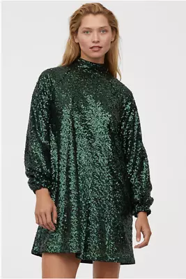 H&M Womens Sequin Party Tunic Dress Size Medium Green High Neck Blouson Sleeve • $79