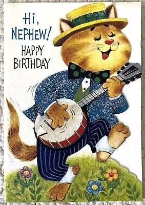 Vintage Birthday Cat Kitten Music Banjo Coat Sparkle Greeting Card 1960s 1970s • $4.48