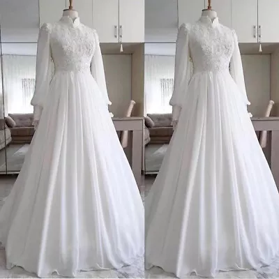 White Chiffon Long Sleeves Muslim Wedding Dresses High Neck A Line Bridal Gowns • $82.26