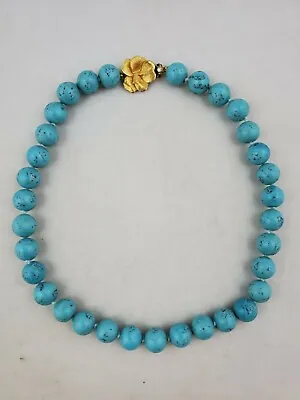 Vintage Joseph Mazer Turquoise Blue Bead 15  Choker Necklace With Flower Clasp • $74.99