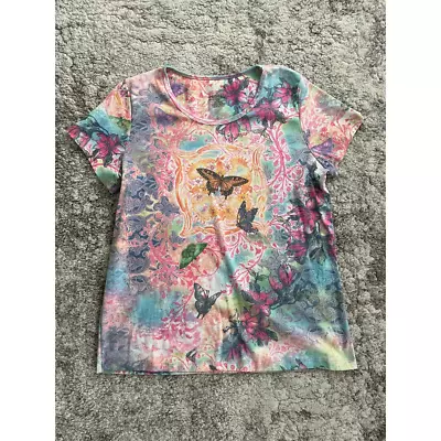 Venezia Womens T-Shirt Pink Floral Butterfly Short Sleeve Scoop Neck Y2K 14/16 • $13.76