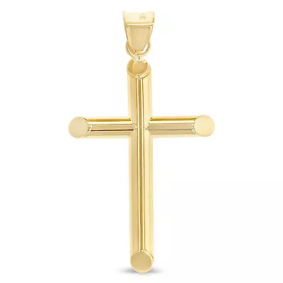 14K Yellow Gold Religious Classic Plain Round Tube Cross Polished Medium Pendant • $105