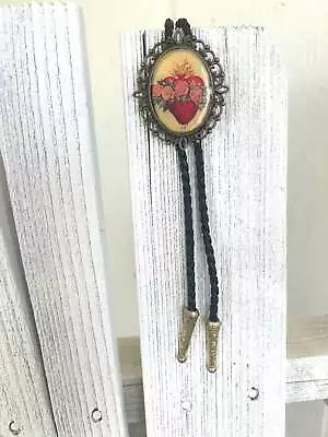 Sacred Heart Rose Bolo Tie - Crown Mexican Art - Western Style Gifts For Her Le • £27.02