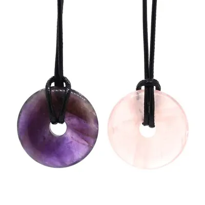 $3.23 • Buy Natural Crystal Quartz Stone Donut Pendant Agate Adjustable Black Rope Necklace