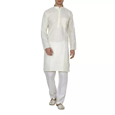 Men's Plain Kurta With Chudidar Pajami Traditional Party Wear White Suit New 01 • £28.56