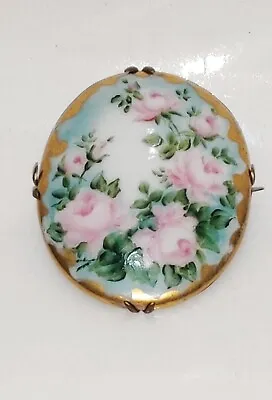Antique Hand Painted Porcelain Pink Roses Oval Victorian Brooch • $44