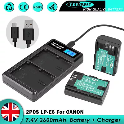 2x 2.6AH LP-E6 Battery & Charger For Canon EOS 5DS Mark II 60D 70D 80D 6D LP-E6N • £27.89