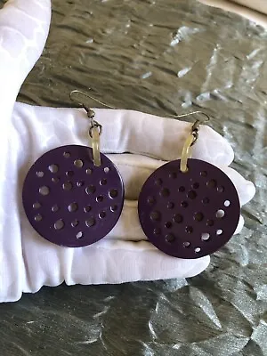 Marni Style Carved Lacquered Buffalo Horn Purple  Large Dangling Earrings • $19.99