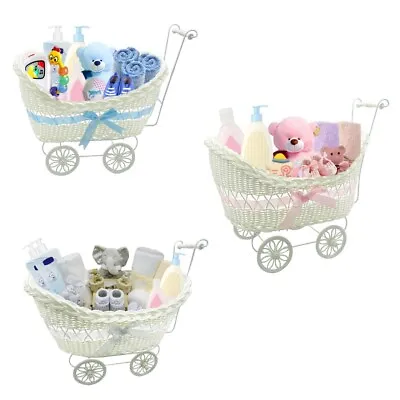 Girls Boys Pram Basket Gift Large Wicker Hamper New Born Baby Shower Party • £13.88