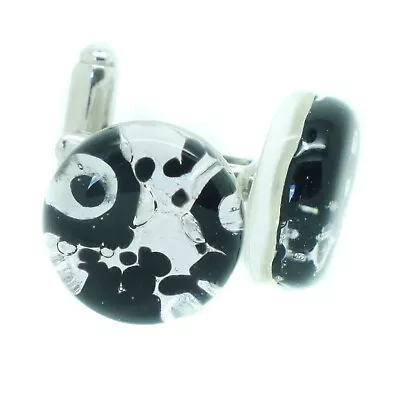 Murano Glass Cufflinks Circular Silver Black Venice Wedding Made In Italy • £15.95