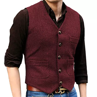 Men Tweed Waistcoats Vest Herringbone Vintage Cowboy Formal Wedding Casual Retro • $38.45