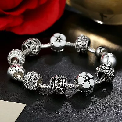 925 Sterling Silver Plated Charm Bracelet With LOVE STORY WHITE European Charms • $8.49