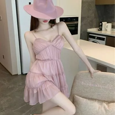 Milky Pink Elegant Dress Women Sweet Mesh Patchwork Lace Up High Waist Dress • $35.64