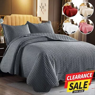 3 Piece Quilted Bedspread Bed Throw Single Double King Size Embossed Bedding Set • £17.99