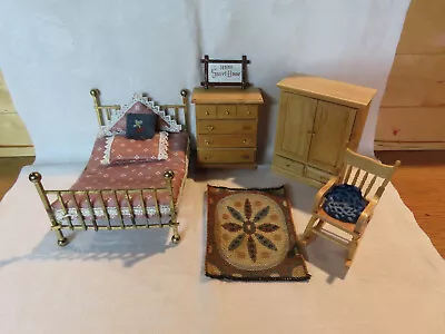 Vintage Miniature Dollhouse Brass Bedroom Set Bed Dresser Cabinet Chair Rug • $45