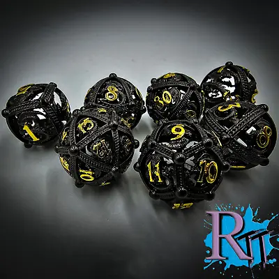 Black Gold Hollow Metal Round Orb DnD Dice Set Polyhedral RPG Dungeons Dragons • $29.98
