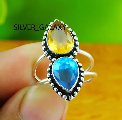 $10 • Buy Citrine And Blue Topaz Gemstone 925 Sterling Silver Handmade Ring US Size 5 To10