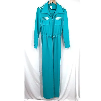 Vintage 70s Boilersuit Zip-up Long Sleeved Pants Jumpsuit Belted Aqua Blue 16 • $58.50