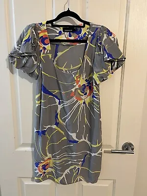 Zimmermann Size 1 Fits 10 Grey Multicoloured Silk Dress Mini Short Sleeves Desig • $79