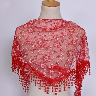 Lace Sheer Floral Print Triangle Veil Church Mantilla Scarf Shawl Wrap Tassel • £4.39