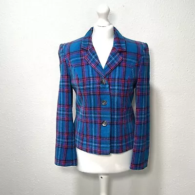 Kaliko Blazer Tartan Check Blue Pink Jacket Size 10 Cotton Made In UK • £25