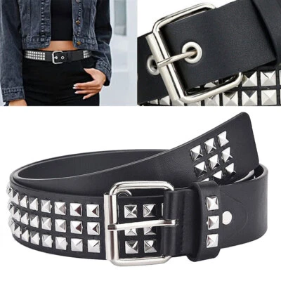 Mens Womens Belt Waist Waistband 3 Row Studded Faux Leather Buckle Punk Rivet • £3.99