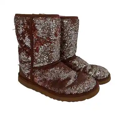 UGG Brown Sequin Classic Short Shearling Pull On Winter Boots Size 9 • $74