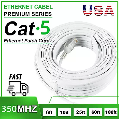 Cat5 E CAT5e Ethernet Cable RJ45 Network Internet Cord White Patch 6/10/60/100ft • $8.98