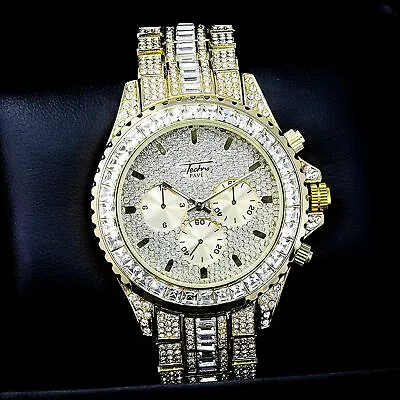 Men Luxury Hip Hop Gold PT Full Iced Band Lab Diamond Bling Trendy Metal Watch • $29.99