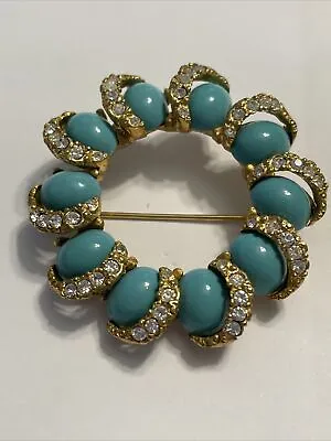 Vintage Turquoise Color And Rhinestone Faux Gold Tone Brooch Estate Find • $9.99
