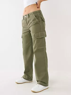 True Religion Women's Big T Military Cargo Pants Calamata Olive Sz 27 MSRP $139 • $64.99