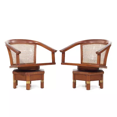 Jim Peed For Hickory Model 5105 Mid Century Mahogany Swivel Chairs - Pair • $5347