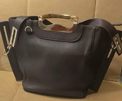 12” Dark Brown & Gold Vegan Leather Handbag With Handles & Body Strap NWT 🆓📦 • $26.99