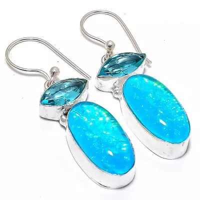 Triplet Fire Opal Blue Topaz Gemstone 925 Sterling Silver Jewelry Earring 1.9  • $6.71