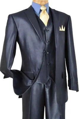 VINCI Mens Classic Vested Shiny Sharkskin Suit In Blue 3 Piece Suit • $100