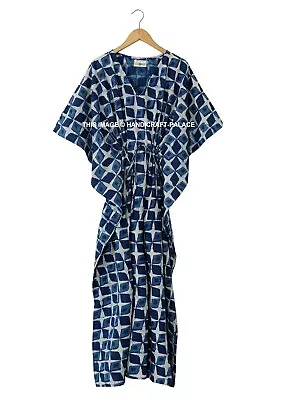 $41.79 • Buy Indian Cotton Indigo Block Printed Long Kaftan Dress Kimono Caftan Soft Fabric