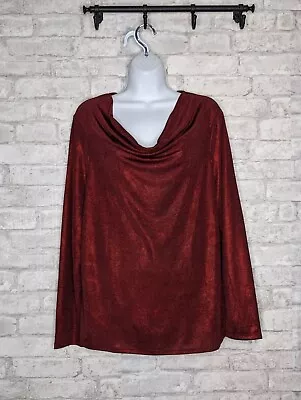 Chico's Top Long Sleeve Drape Cowl Neck Metallic Red Sparkle Size 2 US Large • $30