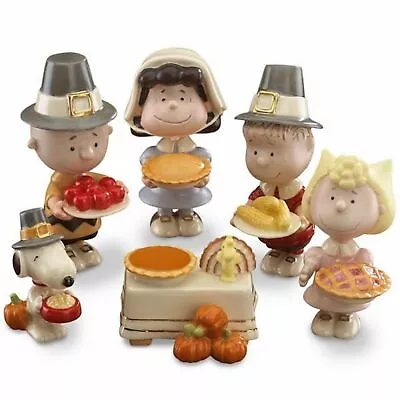 Lenox Peanuts Thanksgiving Figurines 6PC Pilgrim Dinner Snoopy Charlie Brown NEW • $330