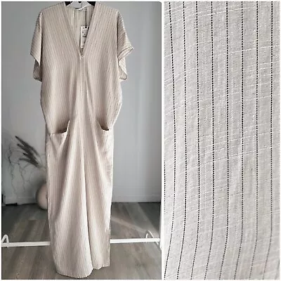 Zara Linen Blend Kaftan Dress Striped Pockets Runs Big Wide Cut New • $59