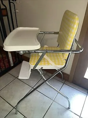 Sears VTG 50s Baby Folding High Chair Yellow Vinyl Chrome Convertible Stool MCM￼ • $195