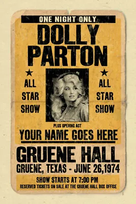 $20 • Buy Your Name On A Cool, Personalized  Concert Poster With Dolly Parton