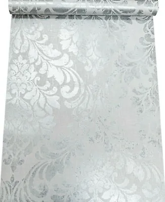 Muriva Eleanor Damask Distressed Metallic Linen Effect Grey Ochre Blue Wallpaper • £8.09