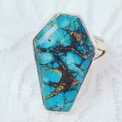 Blue Copper American Turquoise Gothic Coffin Ring Size 4 Silver 925 • $24