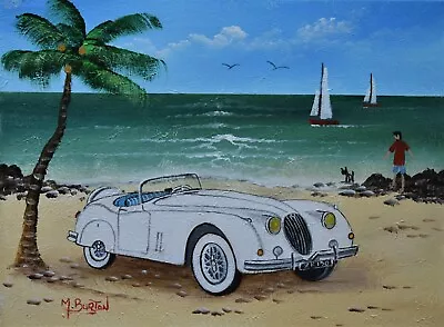 Mal Burton Original Oil Painting At The Beach With The Jaguar Roadster Car • £89