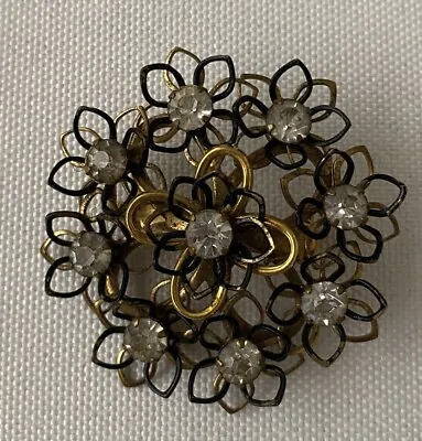 Vintage KRAMER Gold Tone Black Wire Petal Clear Rhinestone Flower Brooch • $9